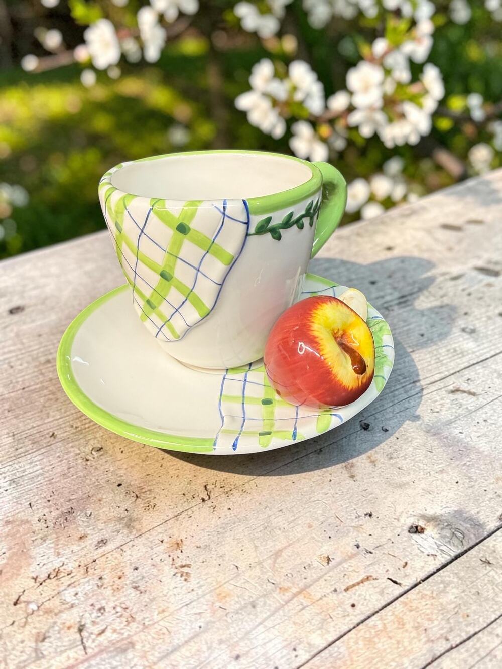 Vintage Bella Casa Ganz Apple Teacup Saucer Set 3D Fruit Cottagecore